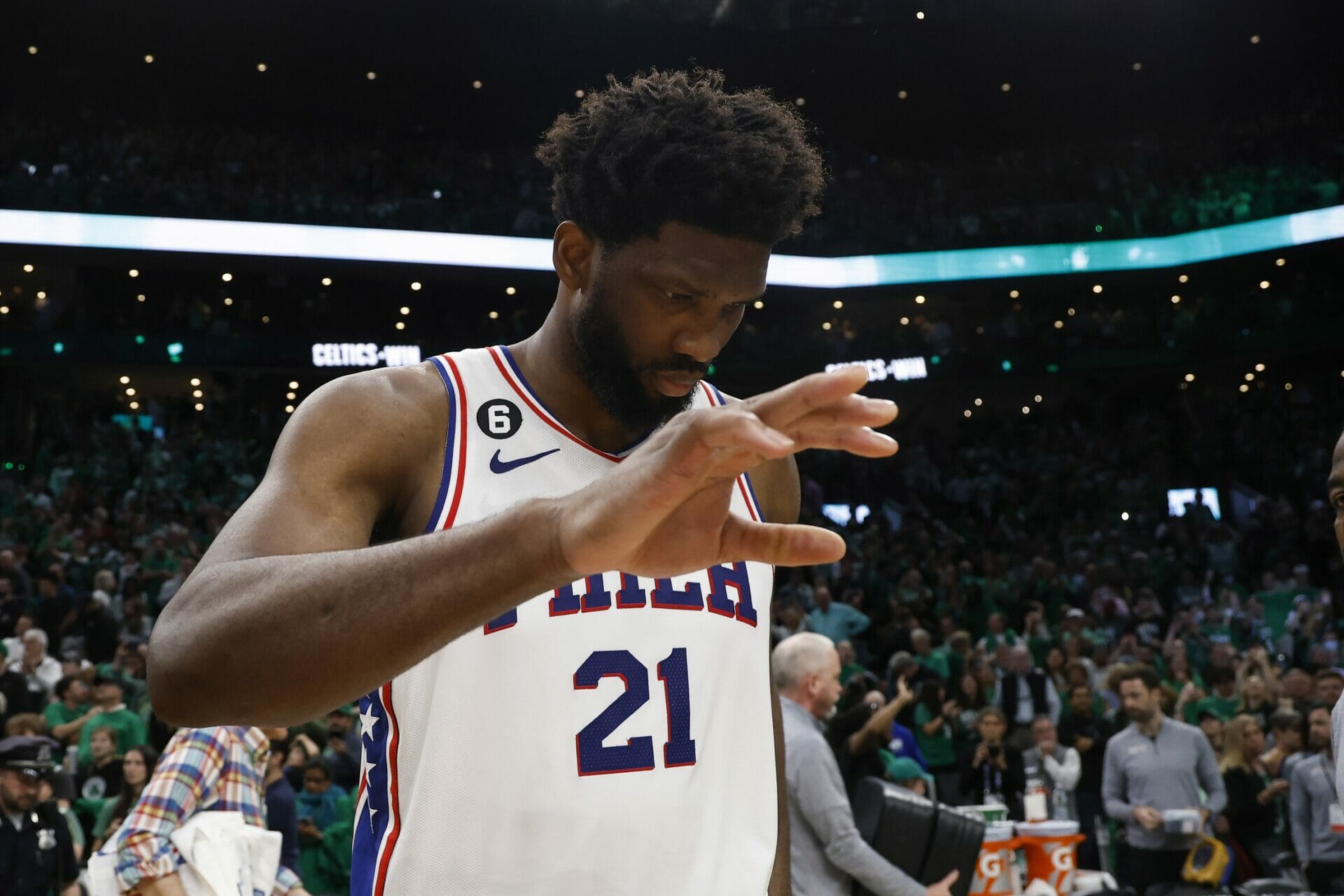 May 14, 2023; Boston, Massachusetts, USA; Philadelphia 76ers center Joel Embiid (21) leaves the court after losing to the Boston Celtics in game seven of the 2023 NBA playoffs at TD Garden. Mandatory Credit: Winslow Townson-USA TODAY Sports (NBA News)