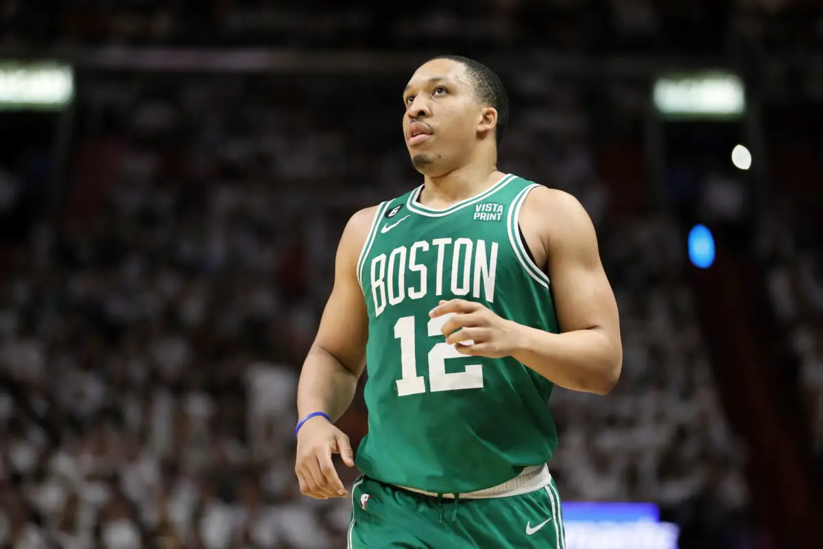 May 23, 2023; Miami, Florida, USA; Boston Celtics forward Grant Williams (12) looks on in the fourth quarter against the Miami Heat during game four of the Eastern Conference Finals for the 2023 NBA playoffs at Kaseya Center. Mandatory Credit: Sam Navarro-USA TODAY Sports (NBA RUmors)