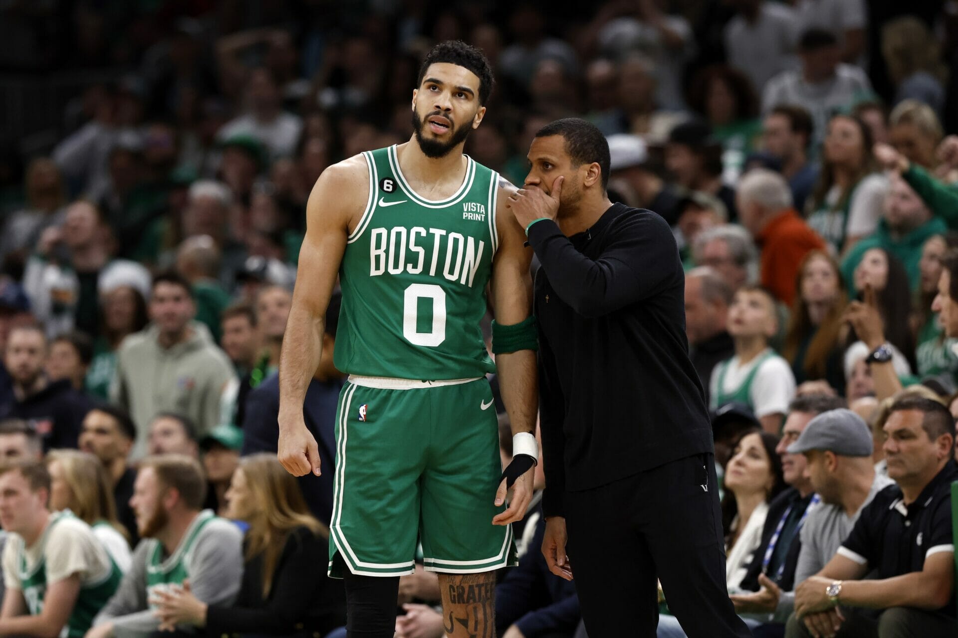 May 25, 2023; Boston, Massachusetts, USA; Boston Celtics forward Jayson Tatum (0) talks with head coach Joe Mazzulla during the first quarter of game five against the Miami Heat in the Eastern Conference Finals for the 2023 NBA playoffs at TD Garden. Mandatory Credit: Winslow Townson-USA TODAY Sports (NBA Rumors)