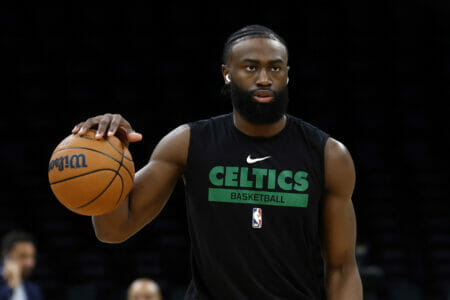 May 29, 2023; Boston, Massachusetts, USA; Boston Celtics guard Jaylen Brown (7) warms up before game seven against the Miami Heat in the Eastern Conference Finals for the 2023 NBA playoffs at TD Garden. Mandatory Credit: Winslow Townson-USA TODAY Sports (NBA News)