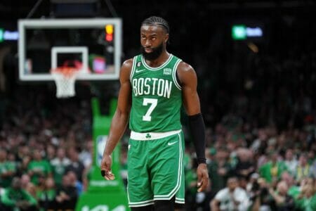 May 29, 2023; Boston, Massachusetts, USA; Boston Celtics guard Jaylen Brown (7) reacts in the second quarter against the Miami Heat during game seven of the Eastern Conference Finals for the 2023 NBA playoffs at TD Garden. Mandatory Credit: David Butler II-USA TODAY Sports (NBA Rumors)