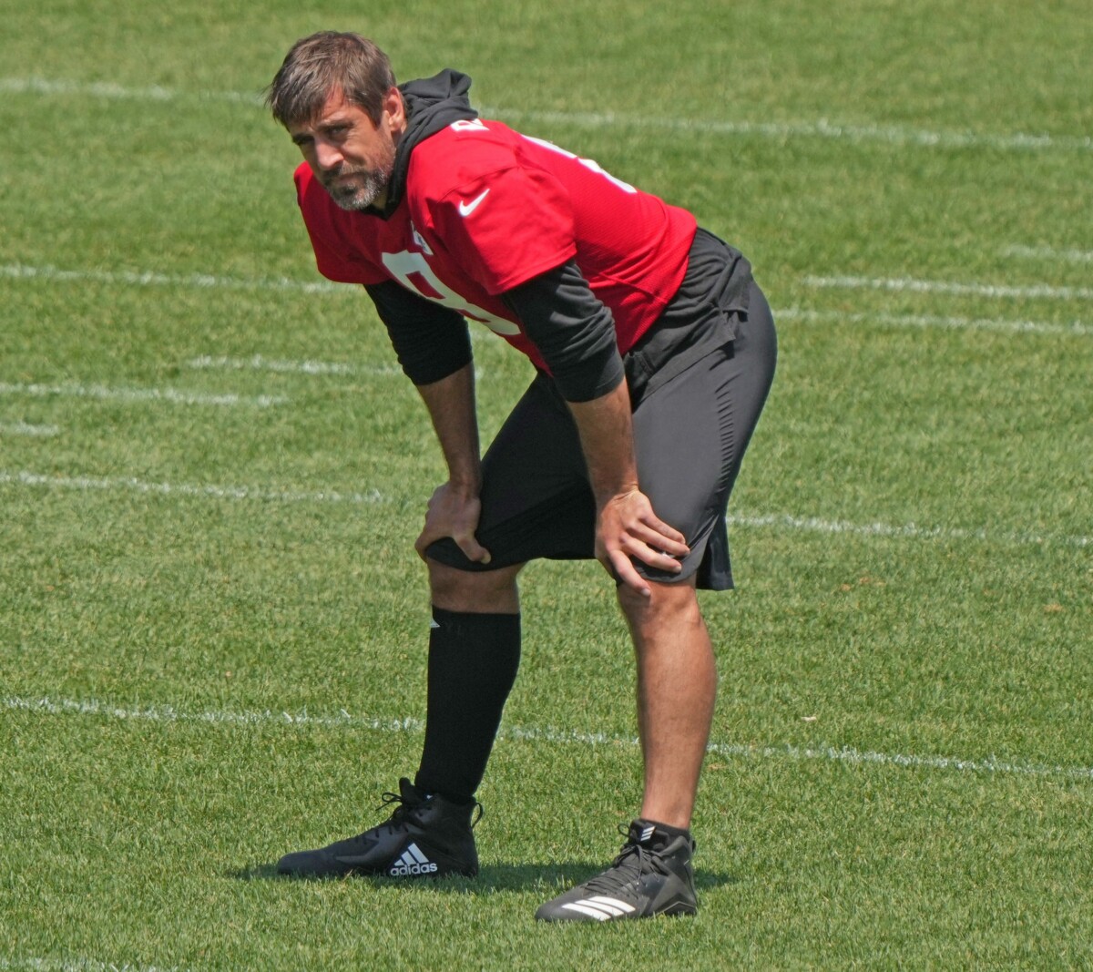 Florham Park, NJ May 31, 2023 -- Quarterback, Aaron Rodgers during the Jets OTA.