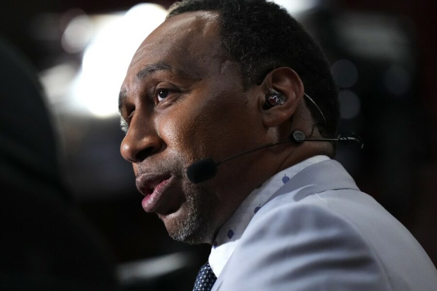 Jun 9, 2023; Miami, Florida, USA; Sports television personality Stephen A. Smith speaks before game four of the 2023 NBA Finals between the Miami Heat and the Denver Nuggets at Kaseya Center. Mandatory Credit: Rich Storry-USA TODAY Sports