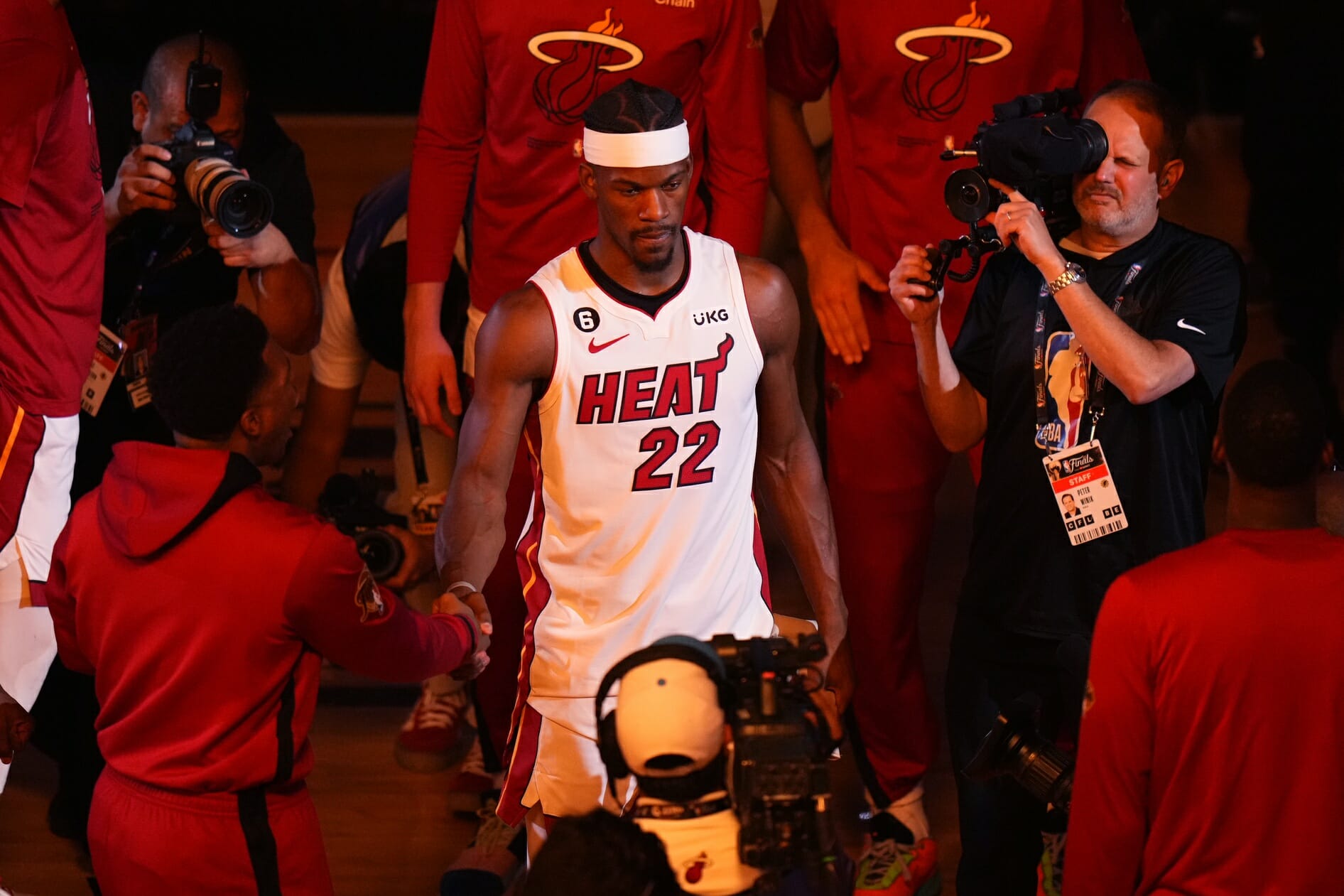 Jun 9, 2023; Miami, Florida, USA; Miami Heat forward Jimmy Butler (22) is introduced before game four of the 2023 NBA Finals against the Denver Nuggets at Kaseya Center. Mandatory Credit: Rich Storry-USA TODAY Sports (NBA News)