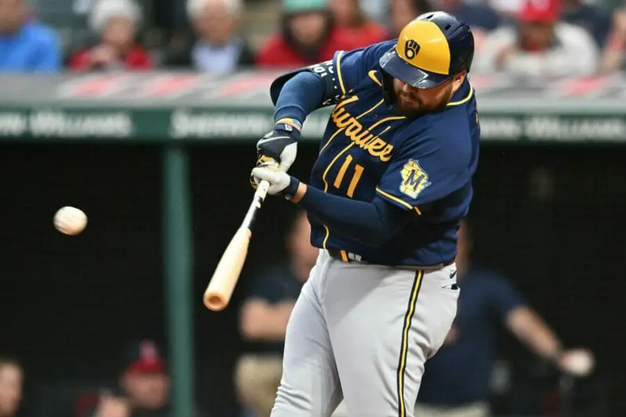 MILWAUKEE, WI - SEPTEMBER 16: Milwaukee Brewers first baseman Rowdy Tellez  (11) gets a hit during a game between the Milwaukee Brewers and the  Washington Nationals on September 16, 2023 at American