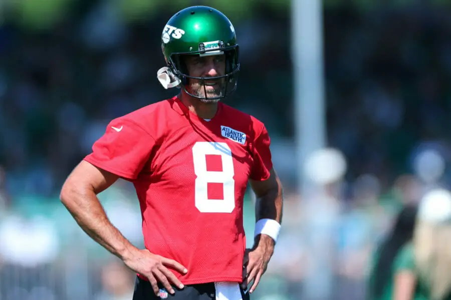Jul 22, 2023; Florham Park, NJ, USA; New York Jets quarterback Aaron Rodgers (8) looks on during drills the New York Jets Training Camp at Atlantic Health Jets Training Center. Mandatory Credit: Vincent Carchietta-USA TODAY Sports (NFL News)