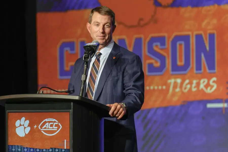 Jul 27, 2023; Charlotte, NC, USA; Clemson head coach Dabo Swinney answers questions from the media during the ACC 2023 Kickoff at The Westin Charlotte. Mandatory Credit: Jim Dedmon-USA TODAY Sports (Wisconsin Football Rumors)