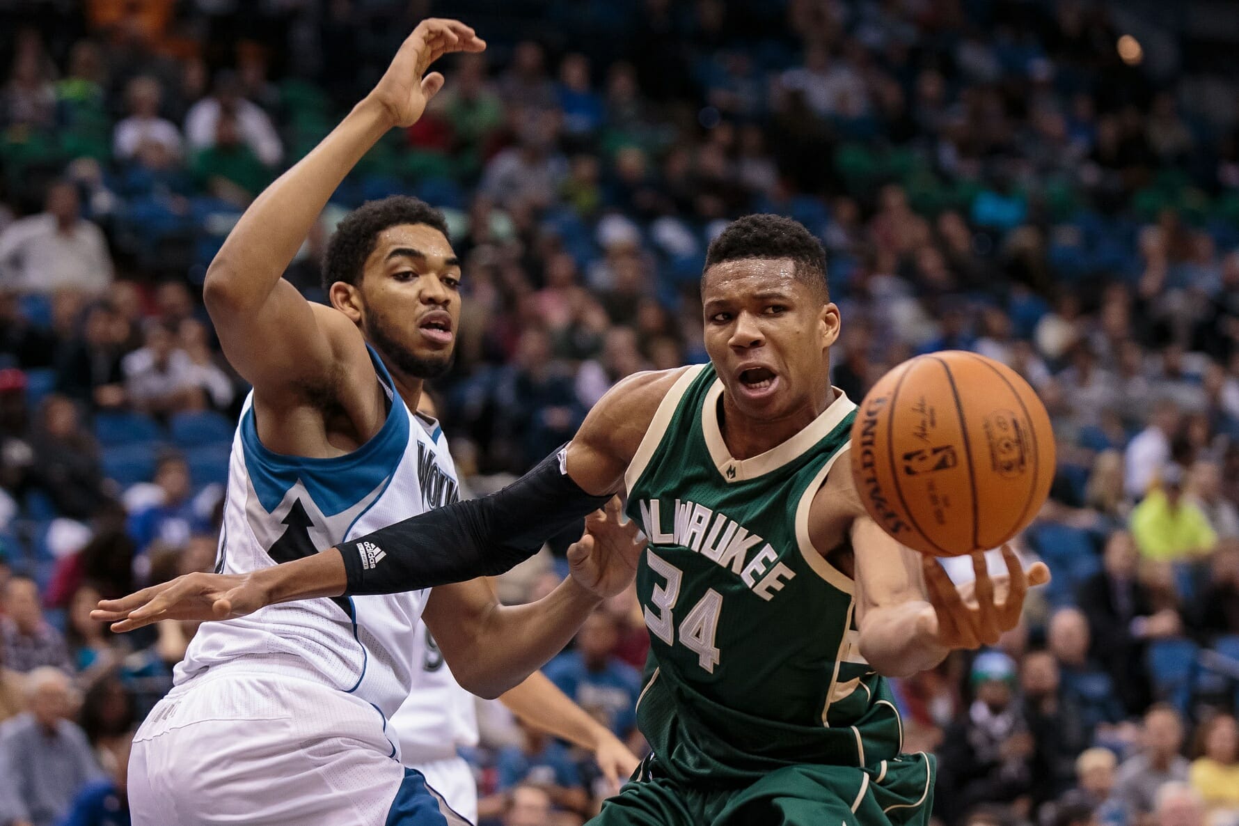 Oct 23, 2015; Minneapolis, MN, USA; Milwaukee Bucks forward Giannis Antetokounmpo (34) loses control of the ball in front of Minnesota Timberwolves center Karl-Anthony Towns (32) in the second quarter at Target Center. Mandatory Credit: Brad Rempel-USA TODAY Sports (NBA Rumors)