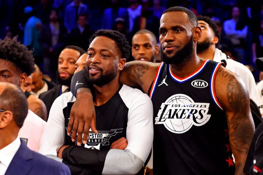 Feb 17, 2019; Charlotte, NC, USA; Team Lebron forward Lebron James of the Los Angeles Lakers (23) and Team Lebron guard Dwayne Wade of the Miami Heat (3) after the 2019 NBA All-Star Game at Spectrum Center. Mandatory Credit: Bob Donnan-USA TODAY Sports NBA News