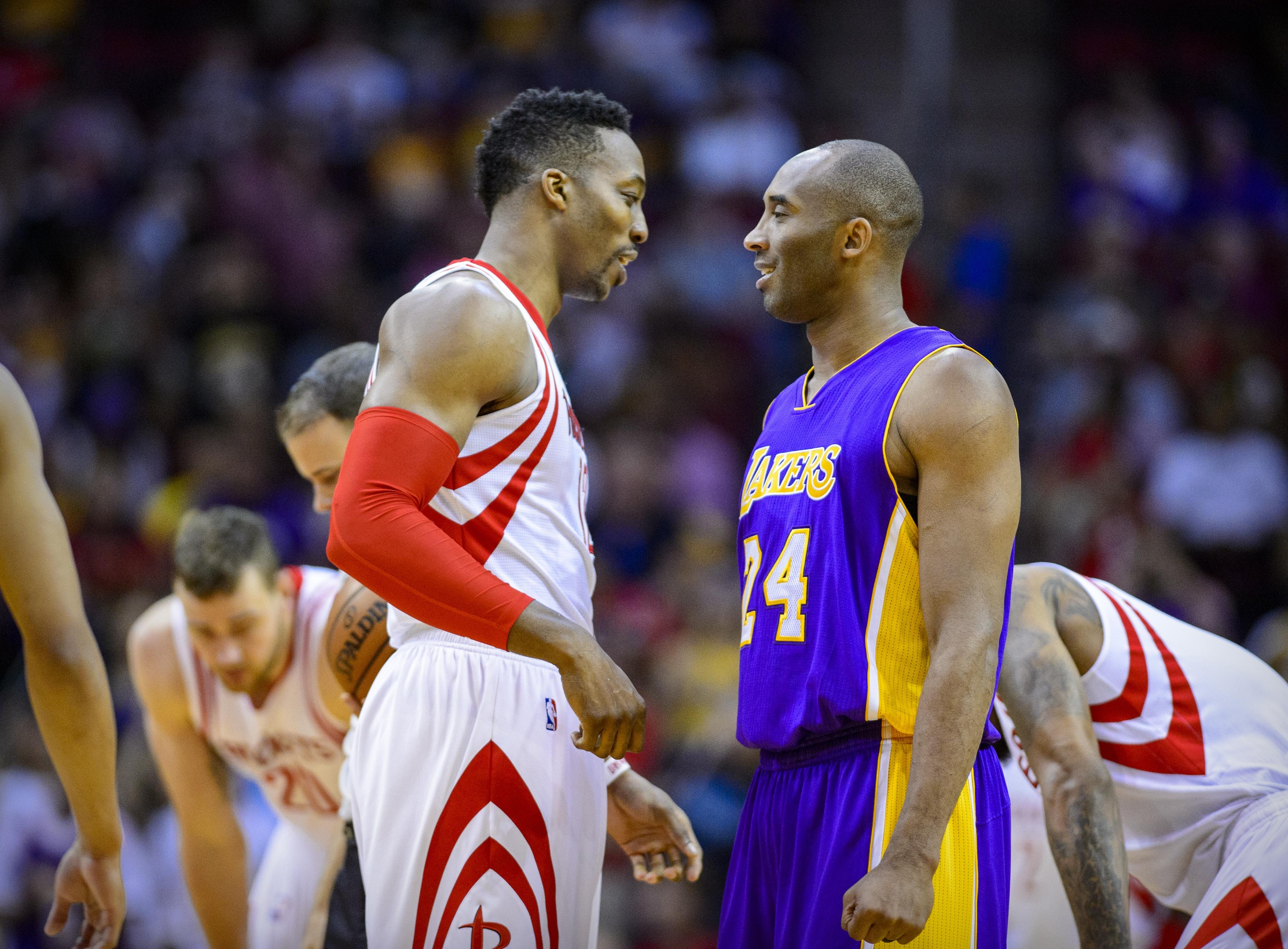 Apr 10, 2016; Houston, TX, USA; Los Angeles Lakers forward Kobe Bryant (24) talks with Houston Rockets center Dwight Howard (12) before the game between the Rockets and the Lakers at the Toyota Center. Bryant plays in the last road game and second to last game of his NBA career. Mandatory Credit: Jerome Miron-USA TODAY Sports (NBA News)