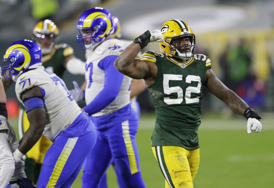 Jan 16, 2021; Green Bay, WI, USA; Green Bay Packers outside linebacker Rashan Gary (52) celebrates sacking Los Angeles Rams quarterback Jared Goff (16) in the third quarter during their NFL divisional playoff game Saturday, January 16, 2021, at Lambeau Field in Green Bay, Wis. Mandatory Credit: Dan Powers-USA TODAY NETWORK (NFL)