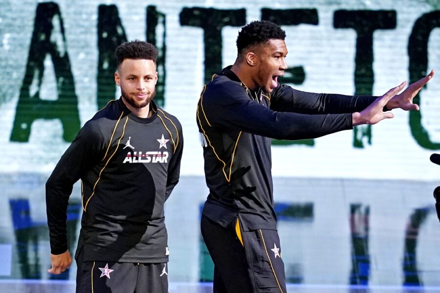 Mar 7, 2021; Atlanta, Georgia, USA; Team LeBron guard Stephen Curry of the Golden State Warriors (30) and Team LeBron forward Giannis Antetokounmpo of the Milwaukee Bucks (34) before the 2021 NBA All-Star Game at State Farm Arena. Mandatory Credit: Dale Zanine-USA TODAY Sports