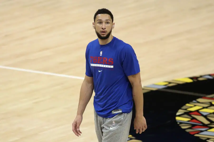 Jun 14, 2021; Atlanta, Georgia, USA; Philadelphia 76ers guard Ben Simmons (25) warms up before game four in the second round of the 2021 NBA Playoffs against the Atlanta Hawks. at State Farm Arena. Mandatory Credit: Brett Davis-USA TODAY Sports