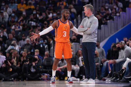 Dec 3, 2021; San Francisco, California, USA; Phoenix Suns guard Chris Paul (3) talks with Golden State Warriors head coach Steve Kerr after the Warriors were called for a foul in the third quarter at the Chase Center. Mandatory Credit: Cary Edmondson-USA TODAY Sports ( NBA News)