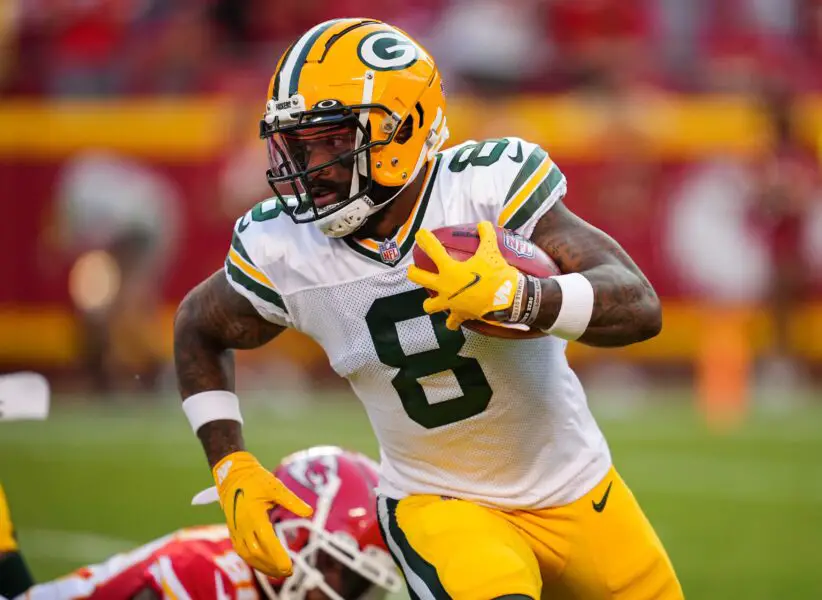 Aug 25, 2022; Kansas City, Missouri, USA; Green Bay Packers wide receiver Amari Rodgers (8) returns a kickoff against the Kansas City Chiefs during the first half at GEHA Field at Arrowhead Stadium. Mandatory Credit: Jay Biggerstaff-USA TODAY Sports (Chicago Bears)