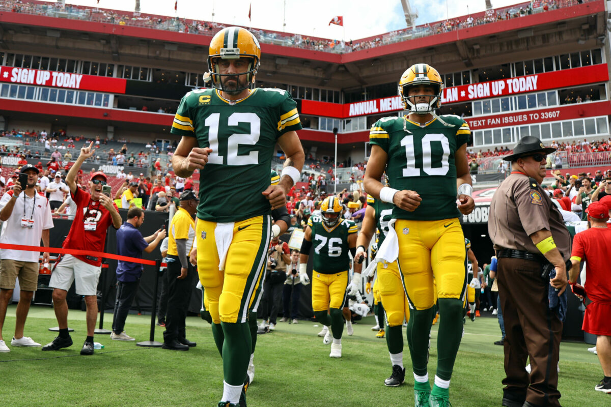 Green Bay Packers quarterbacks Aaron Rodgers and Jordan Love