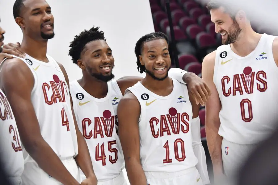Sep 26, 2022; Cleveland, OH, USA; Cleveland Cavaliers center Evan Mobley (4) and guard Donovan Mitchell (45) and guard Darius Garland (10) and forward Kevin Love (0) pose for a photo during media day at Rocket Mortgage FieldHouse. Mandatory Credit: Ken Blaze-USA TODAY Sports (NBA News)