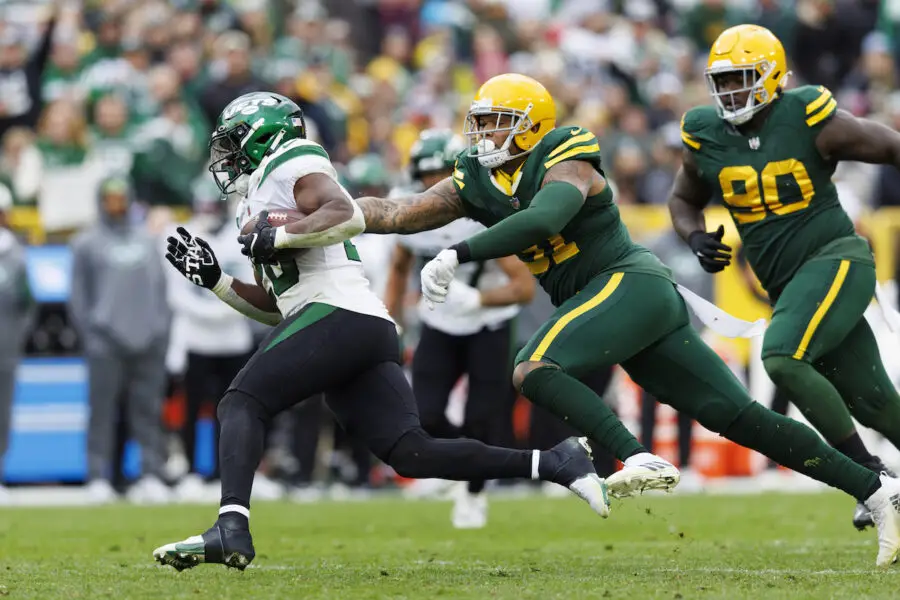 Oct 16, 2022; Green Bay, Wisconsin, USA; New York Jets running back Breece Hall (20) rushes for a touchdown during the fourth quarter against the Green Bay Packers at Lambeau Field. Mandatory Credit: Jeff Hanisch-USA TODAY Sports