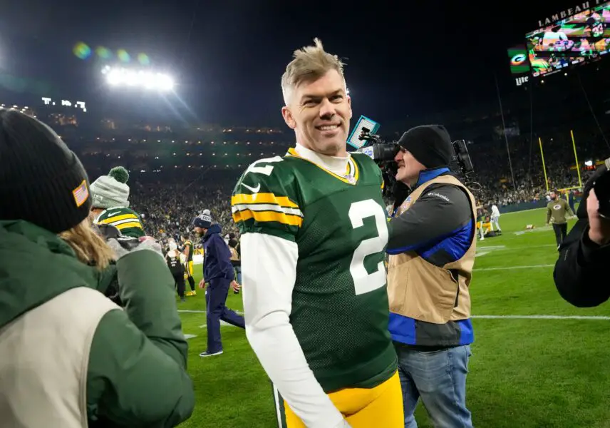 Green Bay Packers place kicker Mason Crosby (2) is all smiles after kicking the game winning field goal after their 31-28 overtime win against the Dallas Cowboys on Sunday, Nov. 13, 2022 at Lambeau Field in Green Bay. © Mike De Sisti / Milwaukee Journal Sentinel / USA TODAY NETWORK (San Francisco 49ers)