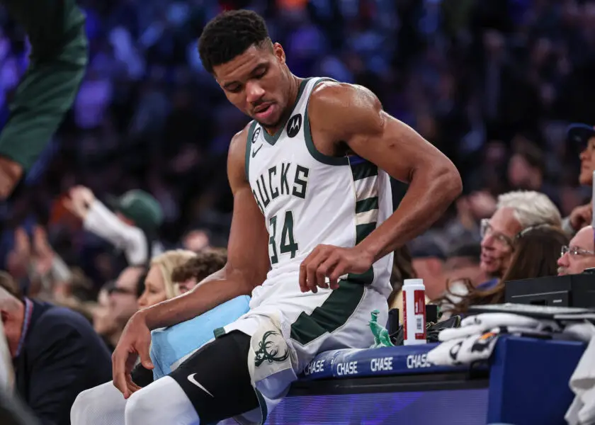 Nov 30, 2022; New York, New York, USA; Milwaukee Bucks forward Giannis Antetokounmpo (34) sits during a time out during the second half against the New York Knicks at Madison Square Garden. Mandatory Credit: Vincent Carchietta-USA TODAY Sports