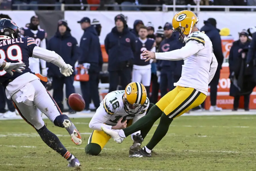 Dec 4, 2022; Chicago, Illinois, USA; Green Bay Packers place kicker Mason Crosby (2) kicks a field goal during the second half against the Chicago Bears at Soldier Field. Mandatory Credit: Matt Marton-USA TODAY Sports