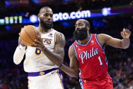 Dec 9, 2022; Philadelphia, Pennsylvania, USA; Los Angeles Lakers forward LeBron James (6) controls the ball against Philadelphia 76ers guard James Harden (1) during the fourth quarter at Wells Fargo Center. Mandatory Credit: Bill Streicher-USA TODAY Sports (Los Angeles Lakers