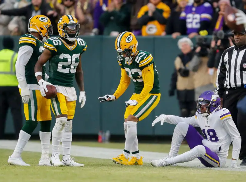 Green Bay Packers cornerback Jaire Alexander does The Griddy after breaking up a pass intended for Minnesota Vikings wide receiver Justin Jefferson (18) on Sunday, January 1, 2023, at Lambeau Field in Green Bay, Wis. Tork Mason/USA TODAY NETWORK-Wisconsin Mjs Apj Packers Vs Vikings 010123 1080 Ttm
