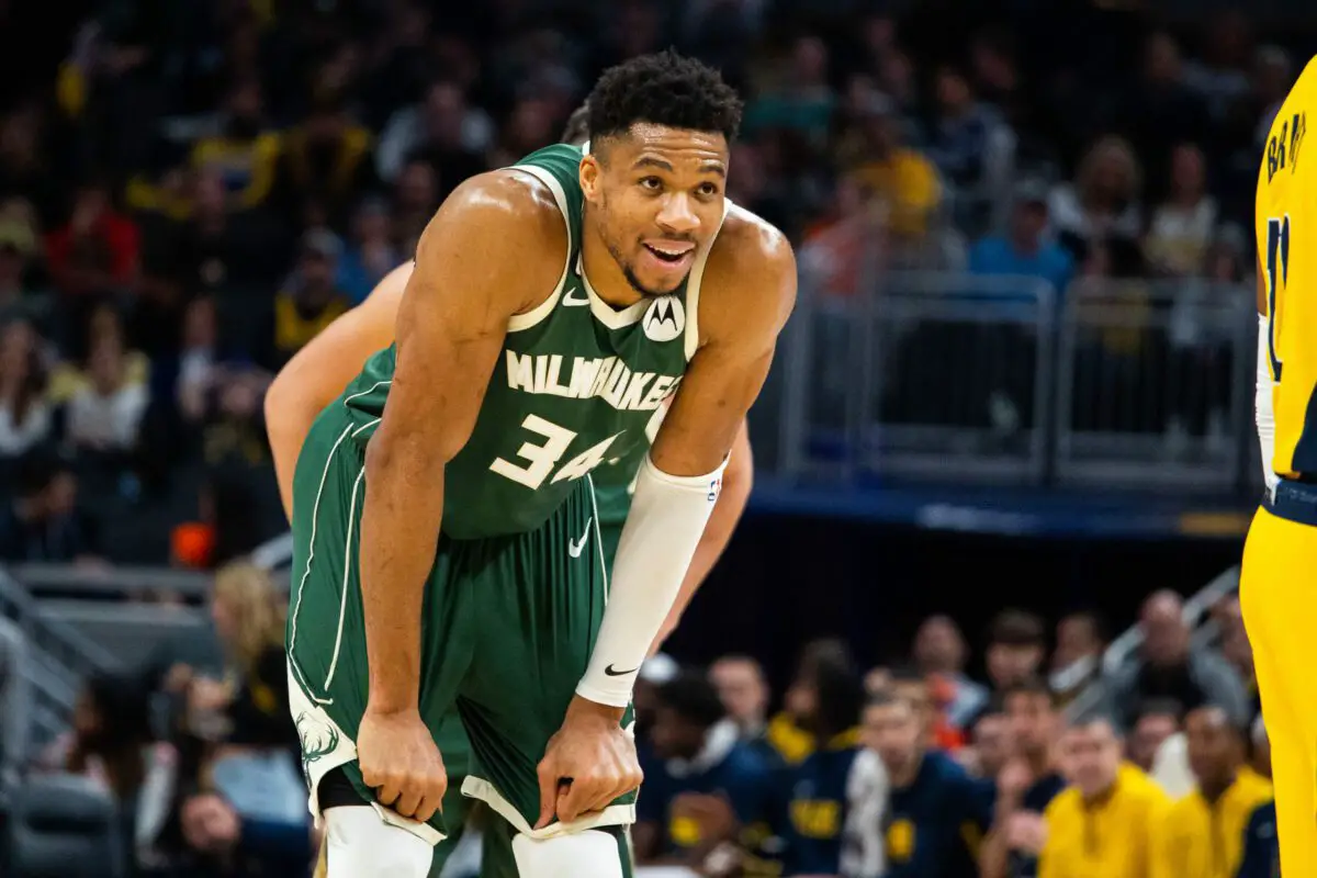 Jan 27, 2023; Indianapolis, Indiana, USA; Milwaukee Bucks forward Giannis Antetokounmpo (34) reacts to a and one dunk in the second half against the Indiana Pacers at Gainbridge Fieldhouse. Mandatory Credit: Trevor Ruszkowski-USA TODAY Sports