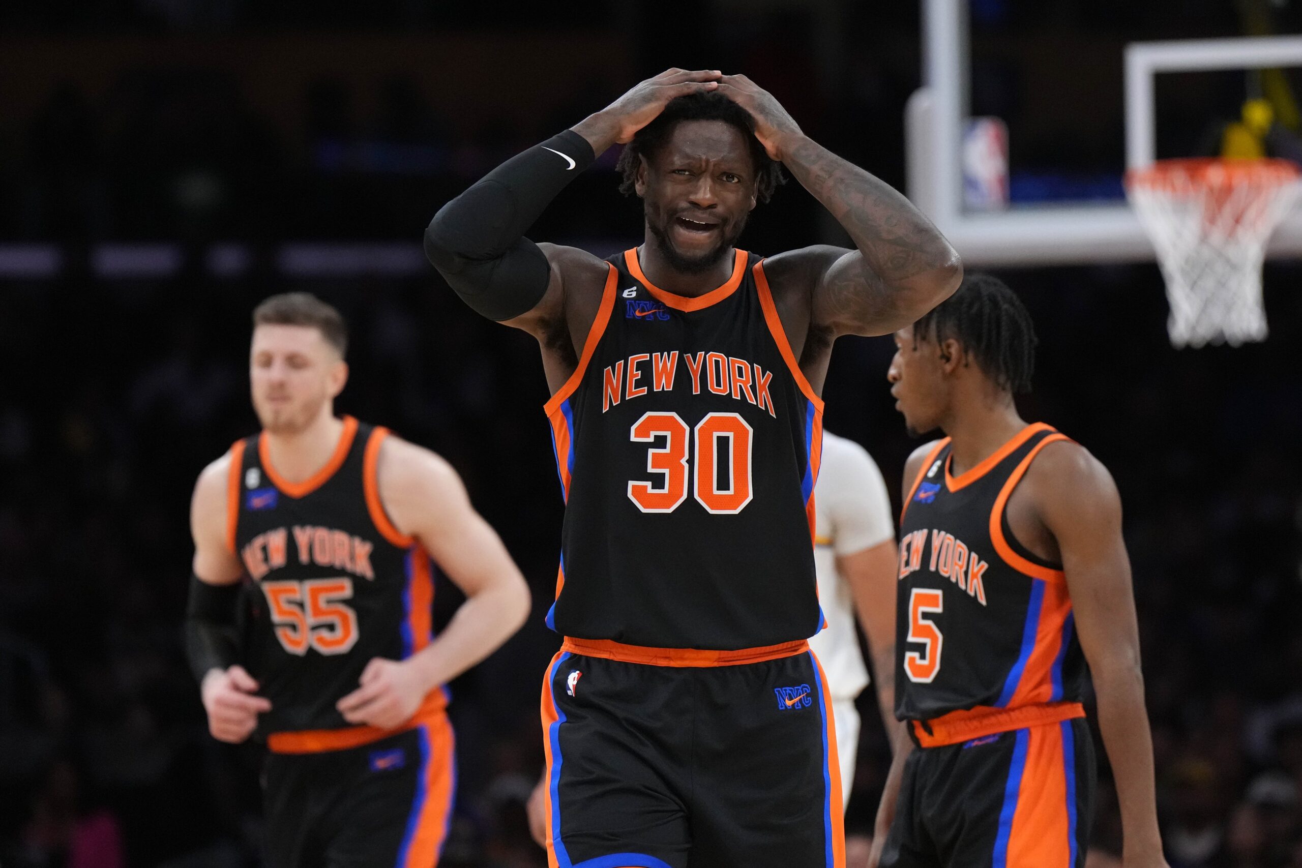 Mar 12, 2023; Los Angeles, California, USA; New York Knicks forward Julius Randle (30) reacts against the Los Angeles Lakers in the second half at Crypto.com Arena. Mandatory Credit: Kirby Lee-USA TODAY Sports (NBA News)