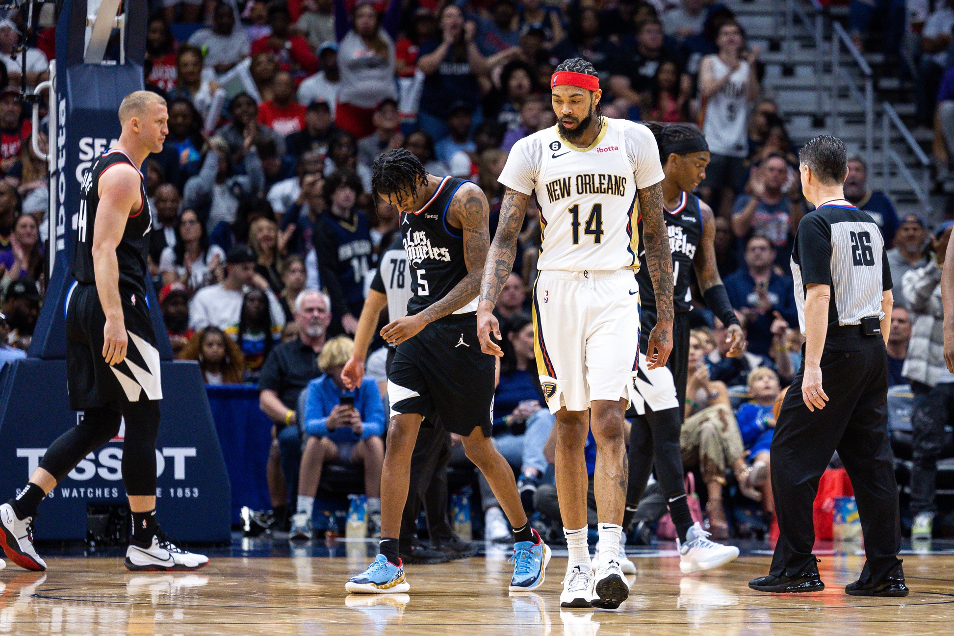Apr 1, 2023; New Orleans, Louisiana, USA; New Orleans Pelicans forward Brandon Ingram (14) reacts during a stop in play after being fouled by LA Clippers center Mason Plumlee (44) during the second half at Smoothie King Center. Mandatory Credit: Stephen Lew-USA TODAY Sports NBA Rumors