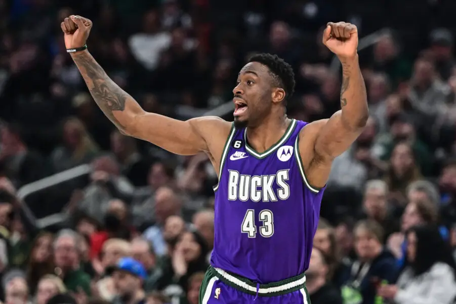 Apr 7, 2023; Milwaukee, Wisconsin, USA; Milwaukee Bucks forward Thanasis Antetokounmpo (43) reacts in the second quarter during game against the Memphis Grizzlies at Fiserv Forum. Mandatory Credit: Benny Sieu-USA TODAY Sports