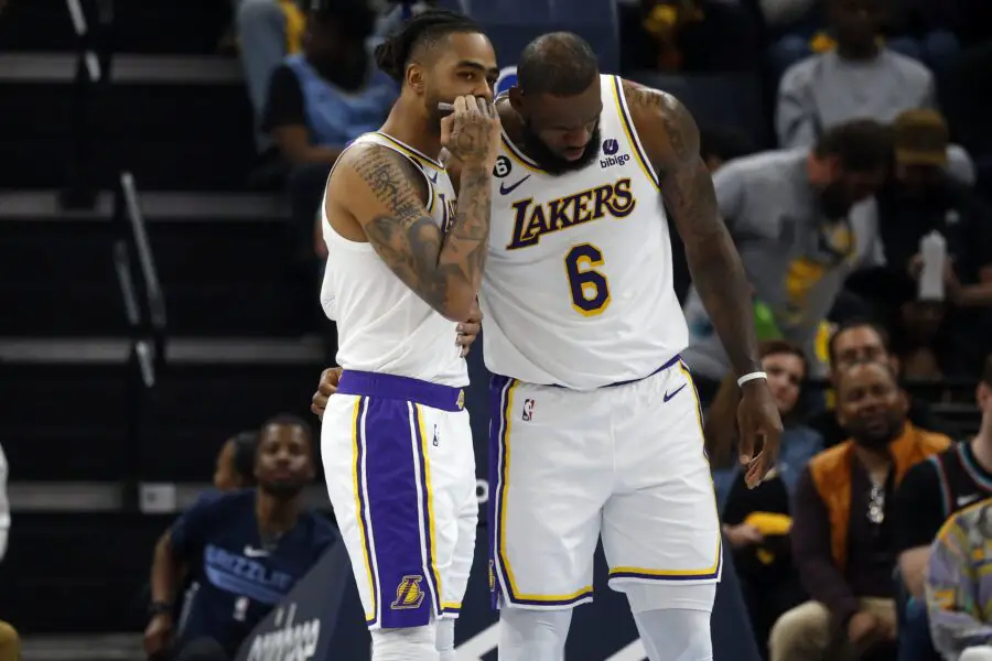 Apr 16, 2023; Memphis, Tennessee, USA; Los Angeles Lakers guard D'Angelo Russell (1) and forward LeBron James (6) talk during the first half during game one of the 2023 NBA playoffs against the Memphis Grizzlies at FedExForum. Mandatory Credit: Petre Thomas-USA TODAY Sports (NBA News, Milwaukee Bucks)