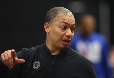 Apr 18, 2023; Phoenix, Arizona, USA; Los Angeles Clippers head coach Tyronn Lue against the Phoenix Suns during game two of the 2023 NBA playoffs at Footprint Center. Mandatory Credit: Mark J. Rebilas-USA TODAY Sports (NBA News)