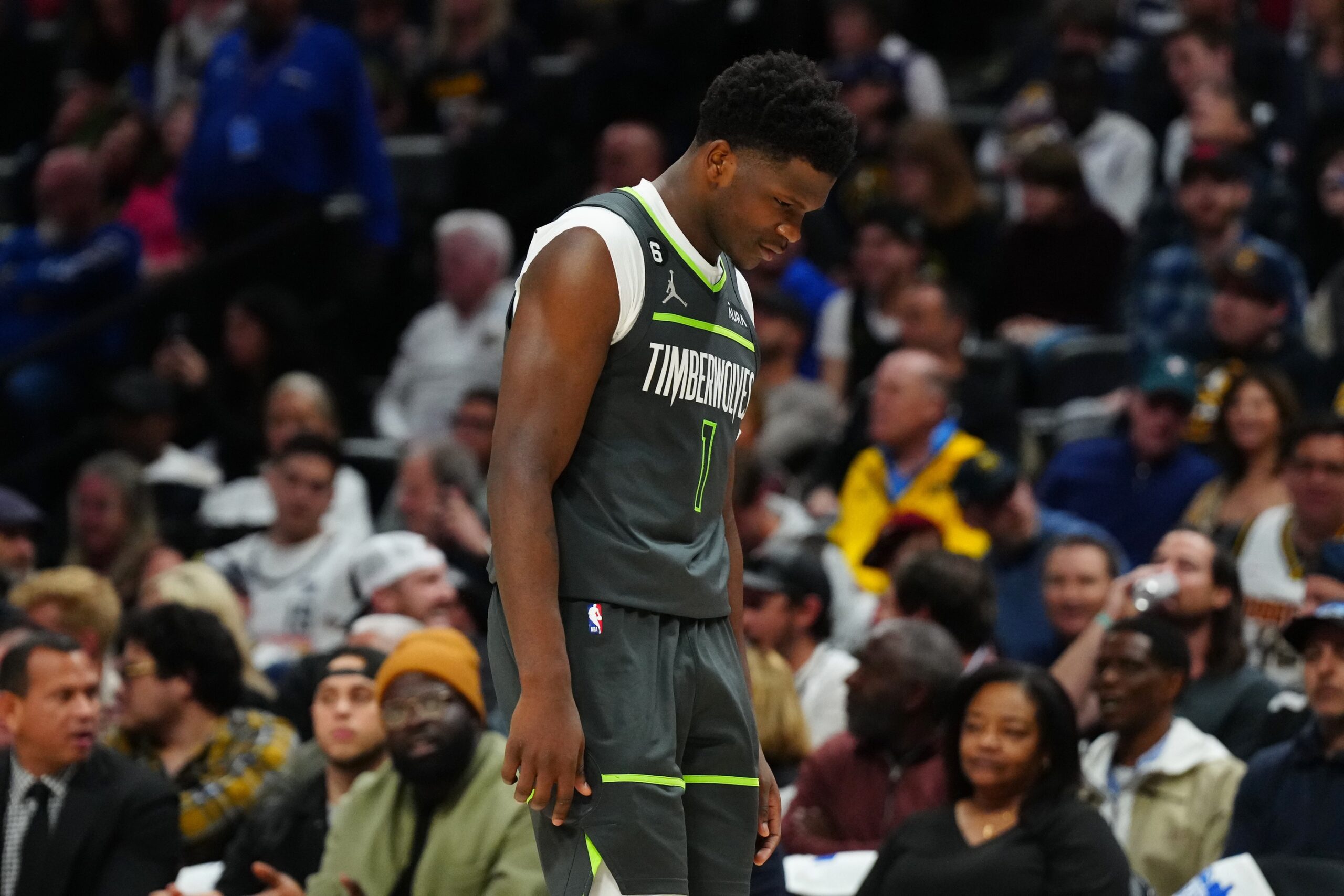 Apr 25, 2023; Denver, Colorado, USA; Minnesota Timberwolves guard Anthony Edwards (1) reacts following his turnover in the first half against the Denver Nuggets in game five of the 2023 NBA Playoffs at Ball Arena. Mandatory Credit: Ron Chenoy-USA TODAY Sports (NBA Rumors)