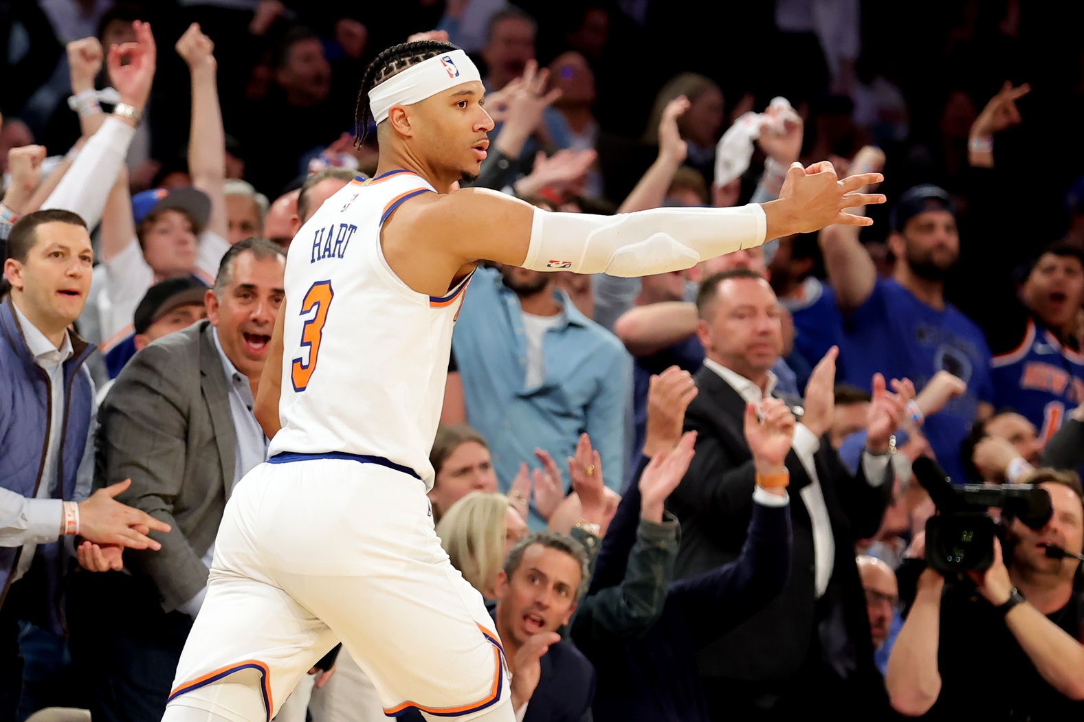 May 2, 2023; New York, New York, USA; New York Knicks guard Josh Hart (3) celebrates his three point shot against the Miami Heat during the fourth quarter of game two of the 2023 NBA Eastern Conference semifinal playoffs at Madison Square Garden. Mandatory Credit: Brad Penner-USA TODAY Sports (NBA News)