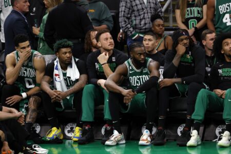 May 29, 2023; Boston, Massachusetts, USA; Boston Celtics forward Jayson Tatum (0) and guard Marcus Smart (36) and forward Blake Griffin (91) and guard Jaylen Brown (7) react from the bench during the fourth quarter against the Miami Heat in game seven of the Eastern Conference Finals for the 2023 NBA playoffs at TD Garden. Mandatory Credit: Winslow Townson-USA TODAY Sports (NBA Rumors)