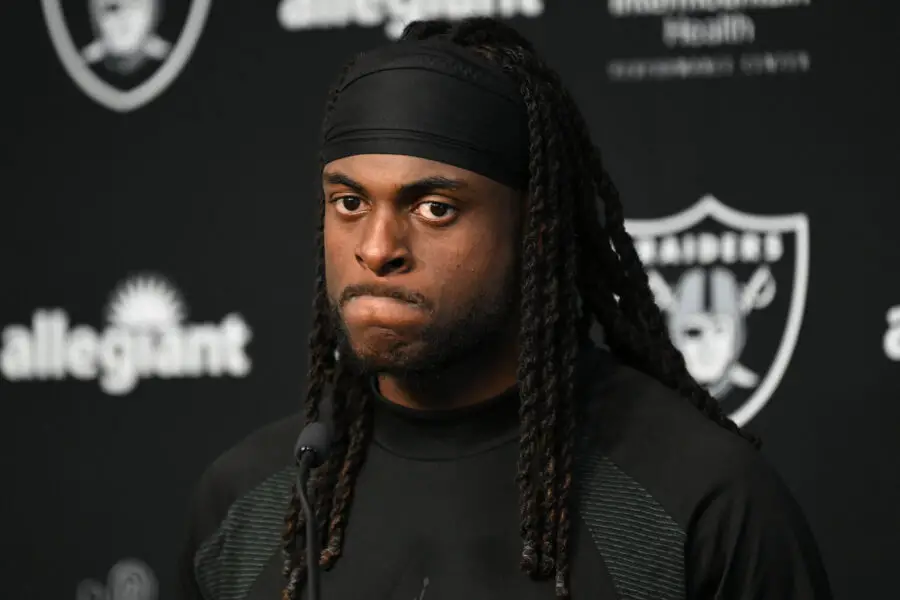 Jul 26, 2023; Las Vegas, Nevada, USA; Las Vegas Raiders wide receiver Davante Adams (17) speaks during a press conference during training camp at the Intermountain Health Performance Center. Mandatory Credit: Candice Ward-USA TODAY Sports (Green Bay Packers)