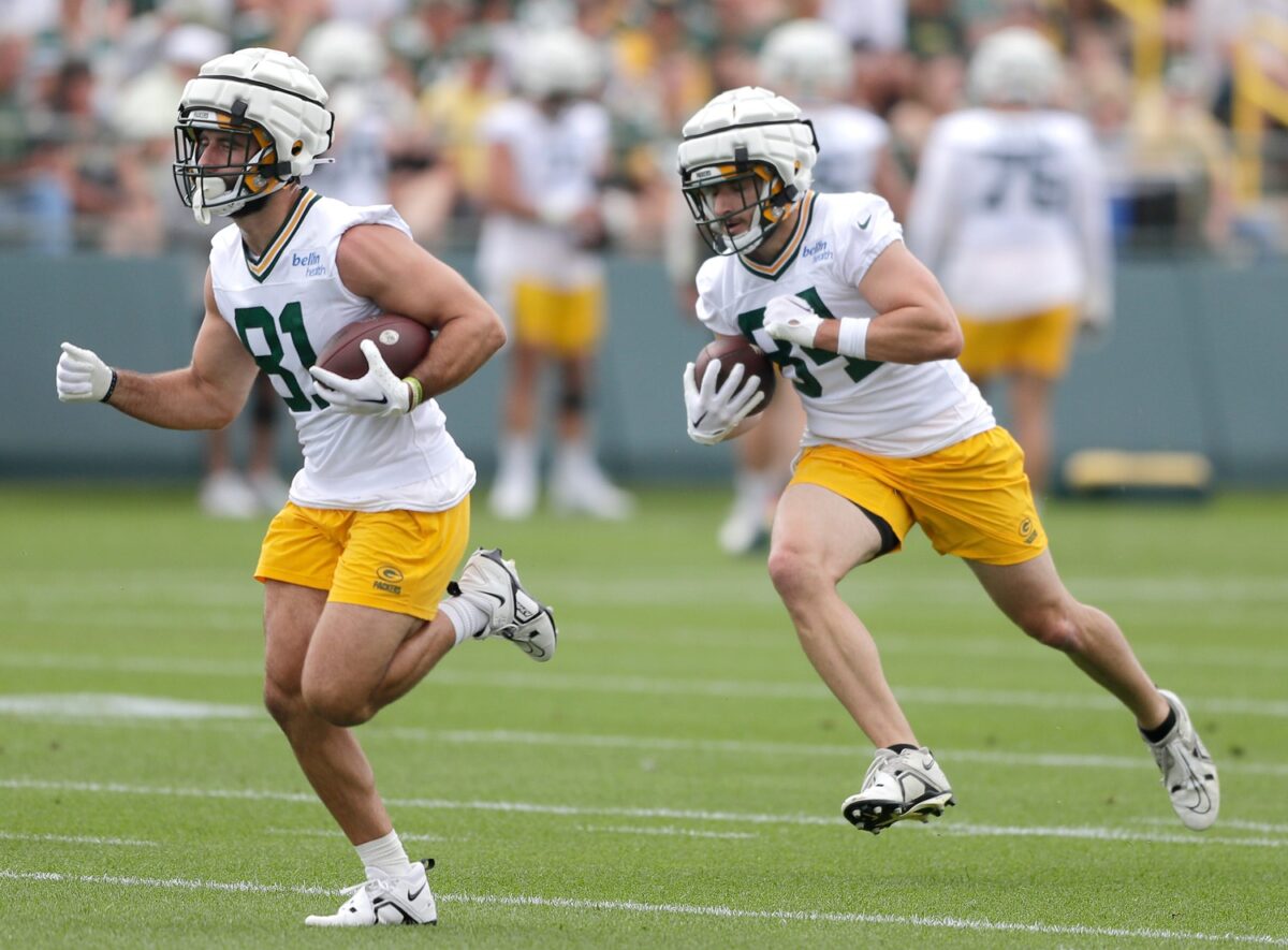 Green Bay Packers tight end Tyler Davis (84) gets set before a play during  an NFL football game against the New York Giants at Tottenham Hotspur  Stadium in London, Sunday, Oct. 9