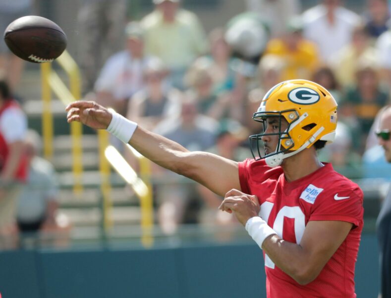 Green Bay Packers quarterback Jordan Love (10) participates during training camp Thursday, July 27, 2023, at Ray Nitschke Field in Green Bay, Wis.Dan Powers/USA TODAY NETWORK-Wisconsin.