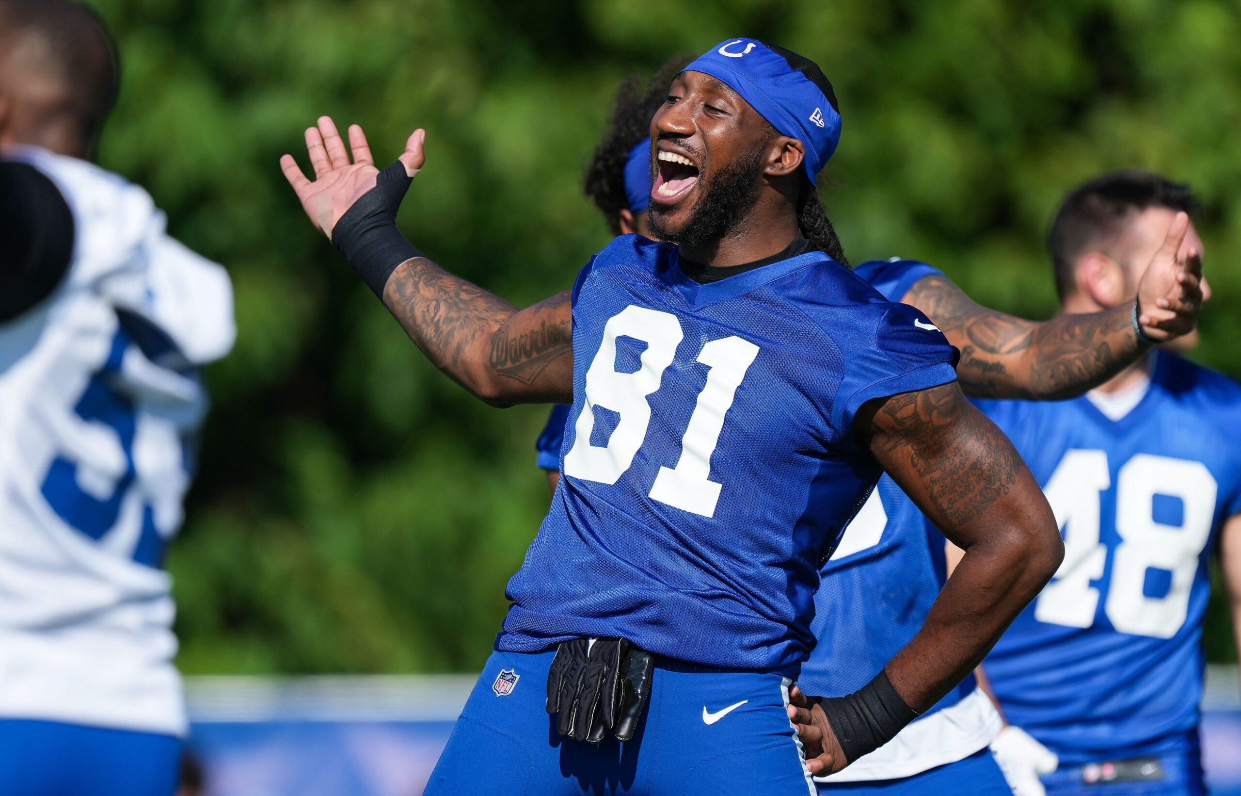 Indianapolis Colts tight end Mo Alie-Cox (81) stretches Saturday, July 29, 2023, during Colts Training Back Together Weekend at Grand Park in Westfield.