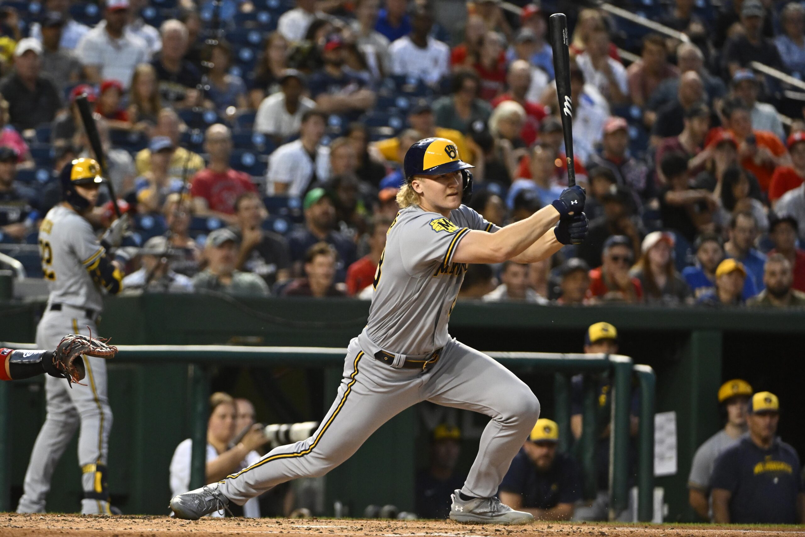 Milwaukee Brewers centerfielder Joey Wiemer has a two-out two-RBI single