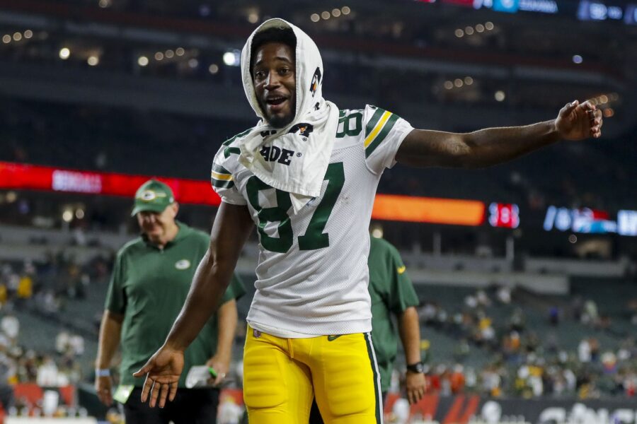 Aug 11, 2023; Cincinnati, Ohio, USA; Green Bay Packers wide receiver Romeo Doubs (87) walks off the field after a victory over the Cincinnati Bengals at Paycor Stadium. Mandatory Credit: Katie Stratman-USA TODAY Sports