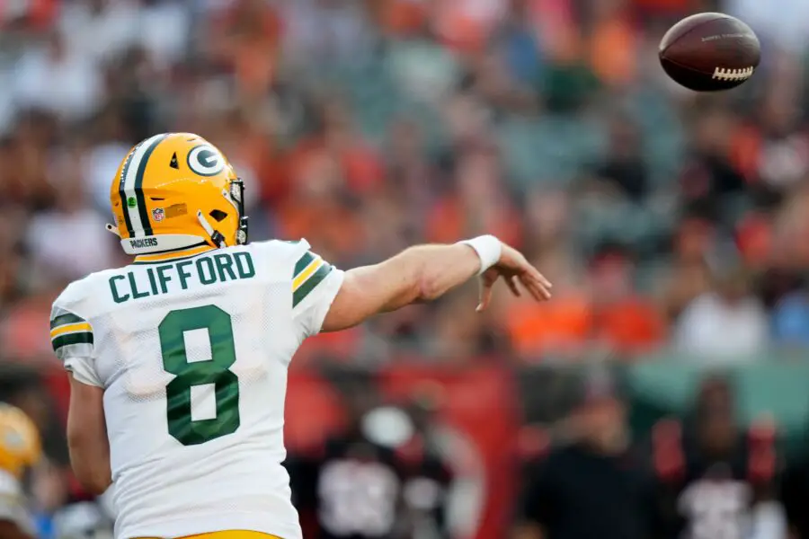 Green Bay Packers quarterback Sean Clifford (8) throws in the second quarter during a Week 1 NFL preseason game between the Green Bay Packers and the Cincinnati Bengals,Friday, Aug. 11, 2023, at Paycor Stadium in Cincinnati.