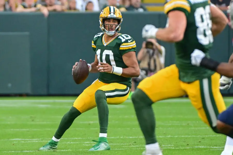 Aug 19, 2023; Green Bay, Wisconsin, USA; Green Bay Packers quarterback Jordan Love (10) looks to pass in the first quarter against the New England Patriots at Lambeau Field. Mandatory Credit: Benny Sieu-USA TODAY Sports