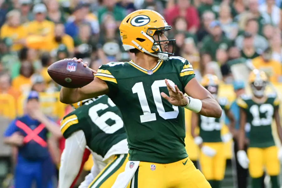 Aug 19, 2023; Green Bay, Wisconsin, USA; Green Bay Packers quarterback Jordan Love (10) passes against the New England Patriots in the first quarter at Lambeau Field. Mandatory Credit: Benny Sieu-USA TODAY Sports