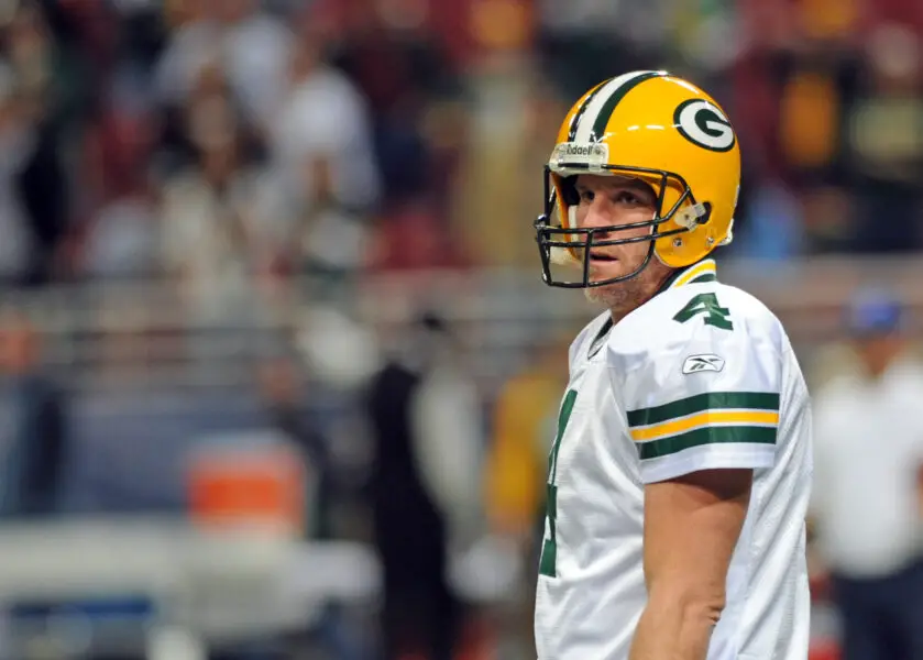 December 16, 2007; St. Louis, MO, USA; Green Bay Packers quarterback Brett Favre (4) warms up before the game against the St. Louis Rams at the Edward Jones Dome, St. Louis, MO. Mandatory Credit: Denny Medley-USA TODAY Sports