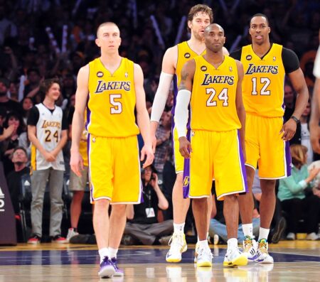 April 5, 2013; Los Angeles, CA, USA; Los Angeles Lakers point guard Steve Blake (5), power forward Pau Gasol (16), shooting guard Kobe Bryant (24) and center Dwight Howard (12) during a stoppage in play against the Memphis Grizzlies in the second half at Staples Center. Mandatory Credit: Gary A. Vasquez-USA TODAY Sports (NBA News)