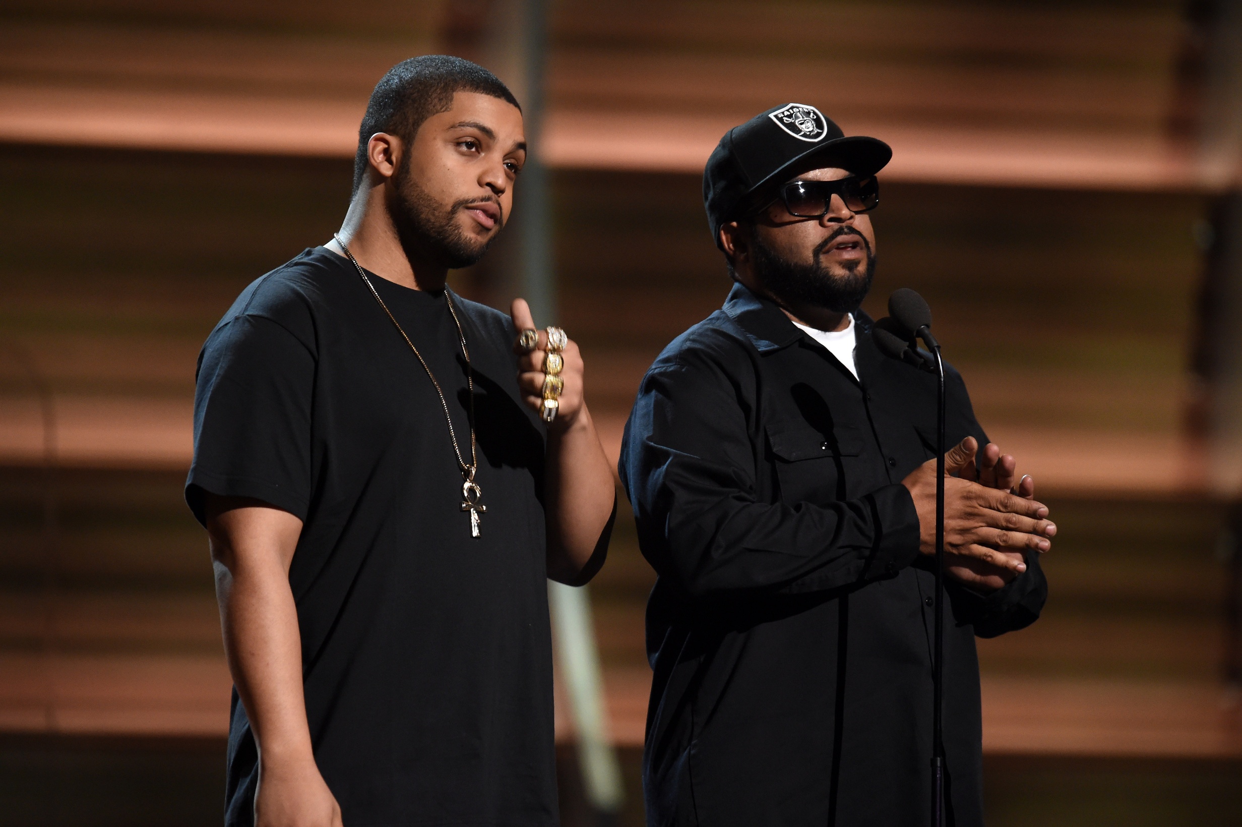 Feb 15, 2016; Los Angeles, CA, USA; O'Shea Jackson Jr. and Ice Cube presents Best Rap Album during the 58th Grammy Awards at the Staples Center. Mandatory Credit: Robert Hanashiro-USA TODAY NETWORK (NBA News)
