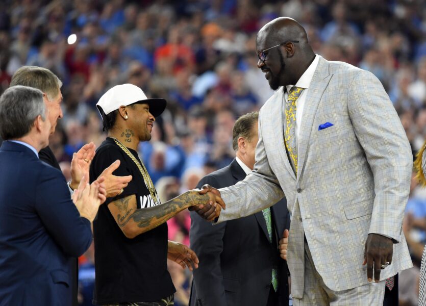 Apr 4, 2016; Houston, TX, USA; Shaquille O'Neal shakes hands with Allen Iverson as they are introduced at halftime of the championship game of the 2016 NCAA Men's Final Four after being inducted into the basketball hall of fame at NRG Stadium. Mandatory Credit: Robert Deutsch-USA TODAY Sports (NBA News)