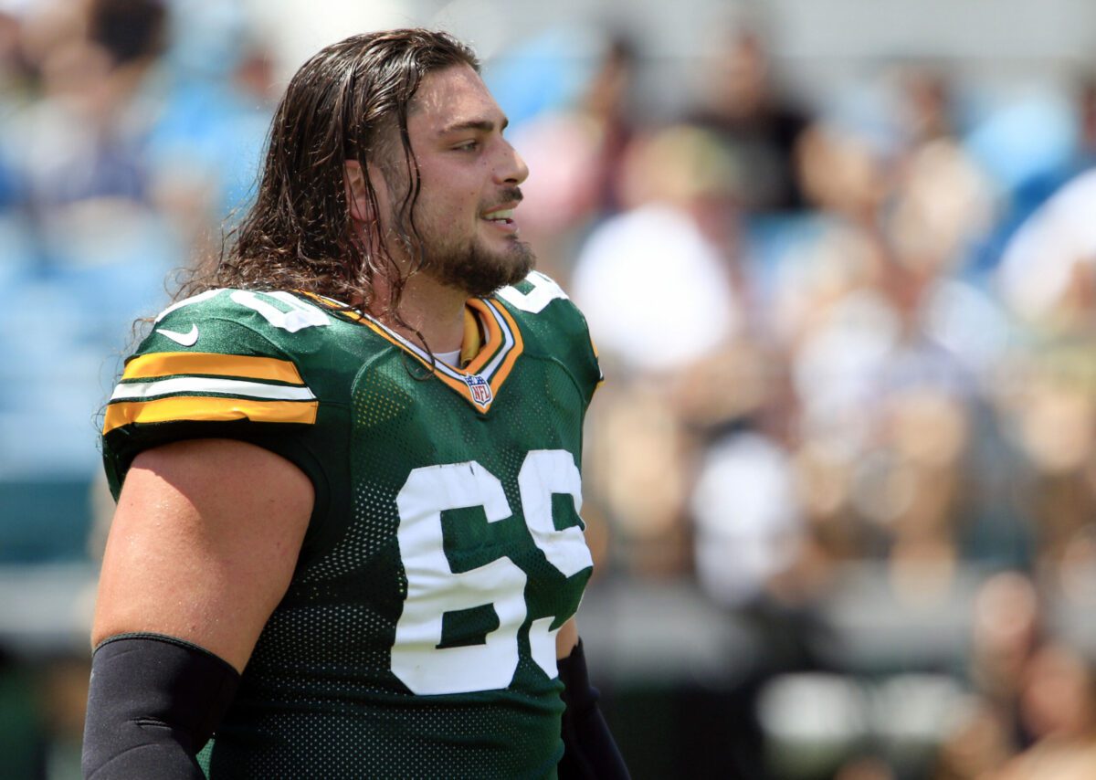 Sep 11, 2016; Jacksonville, FL, USA; Green Bay Packers tackle David Bakhtiari (69) looks at the field during the first half of a football game against the Jacksonville Jaguars at EverBank Field. Mandatory Credit: Reinhold Matay-USA TODAY Sports (NFL – Miami Dolphins)